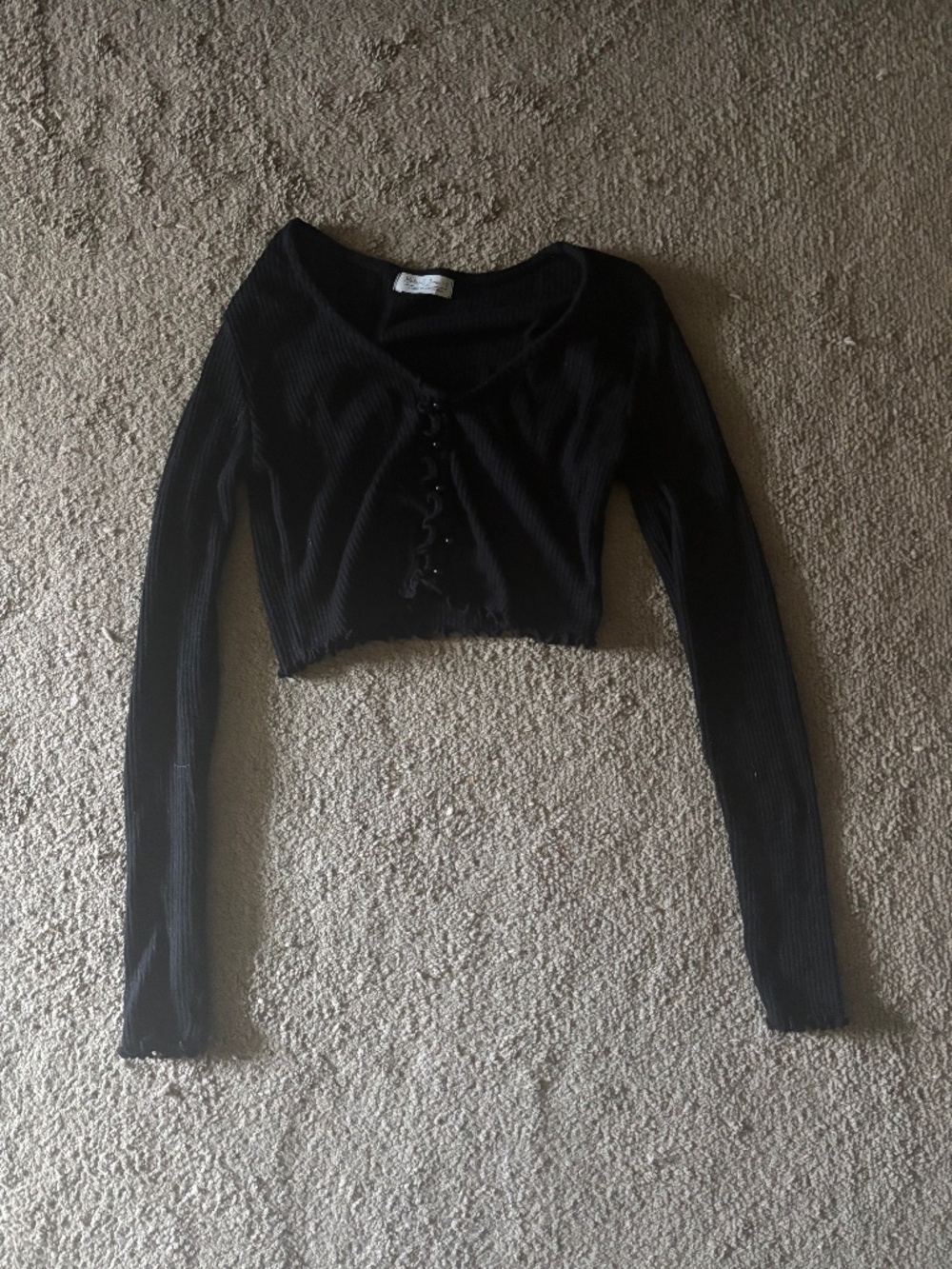 Black crop cropped cardigan faux button down lettuce trim edge coquette